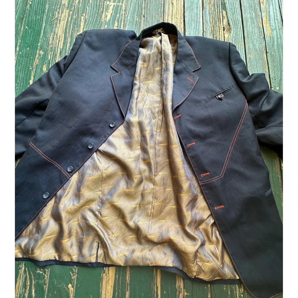 Mecca Mens Dark Indigo Blazer Contrast Orange Stitching Denim Style Jacket
